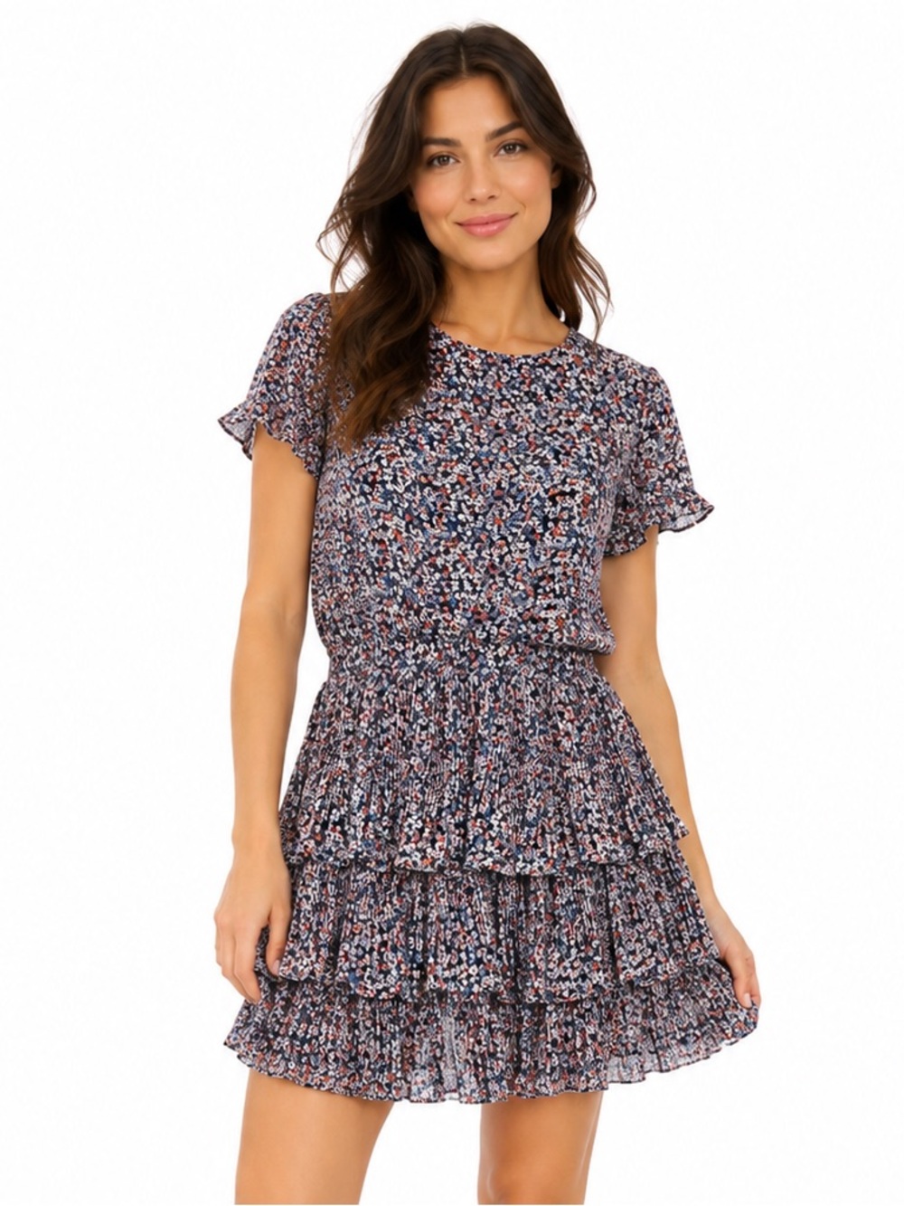 Michael Kors Navy Floral Tiered Ruffle Mini Dress size medium